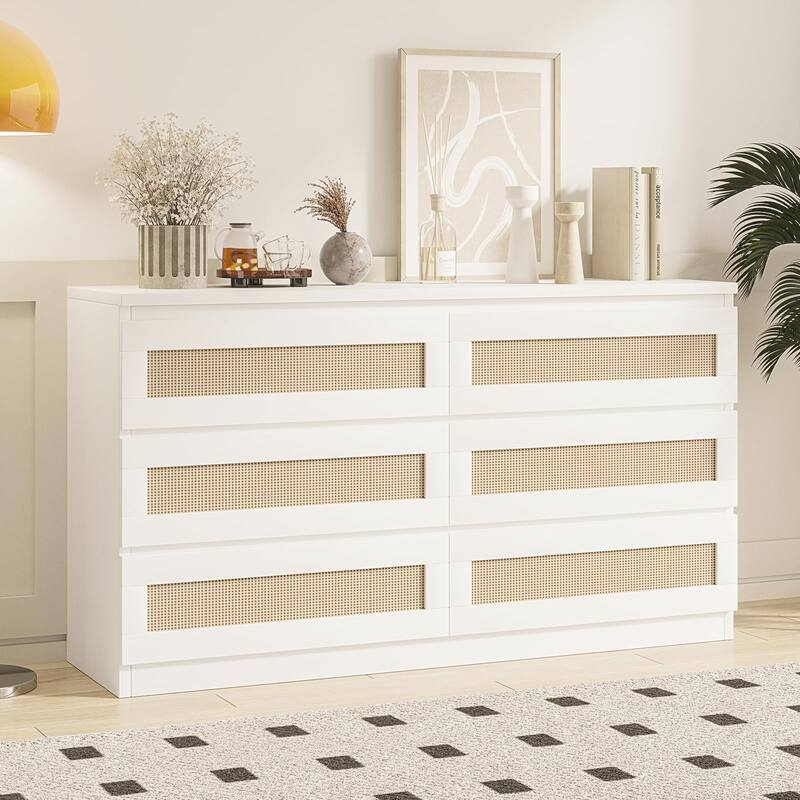 6/8 Drawer Rattan Dresser for Bedroom, Double Wood Chest of Drawers for Closet, Nightstand, TV Stand - 6-drawer - White