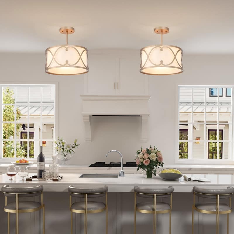 Mid-century Modern Gold Semi-Flush Mount Drum 3-light Crown Fabric Ceiling Light - D 13"x H 11"