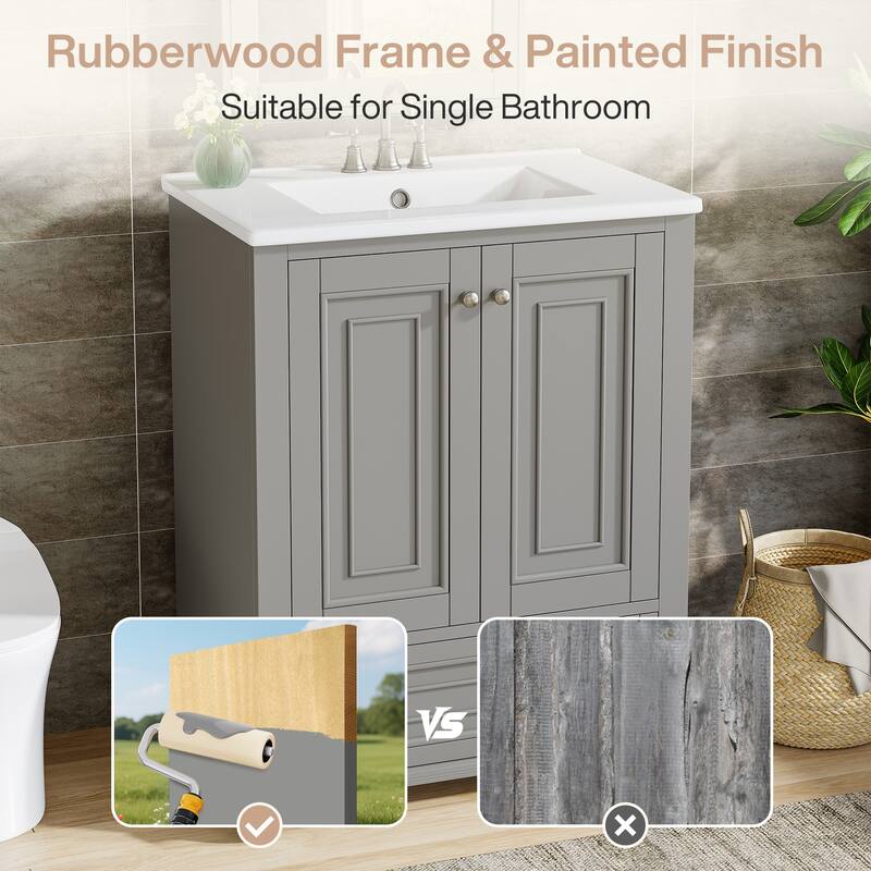 24'' Modern Freestanding Solid Wood Bathroom Vanity with Ceramic Sink, Adjustable Shelf Storage