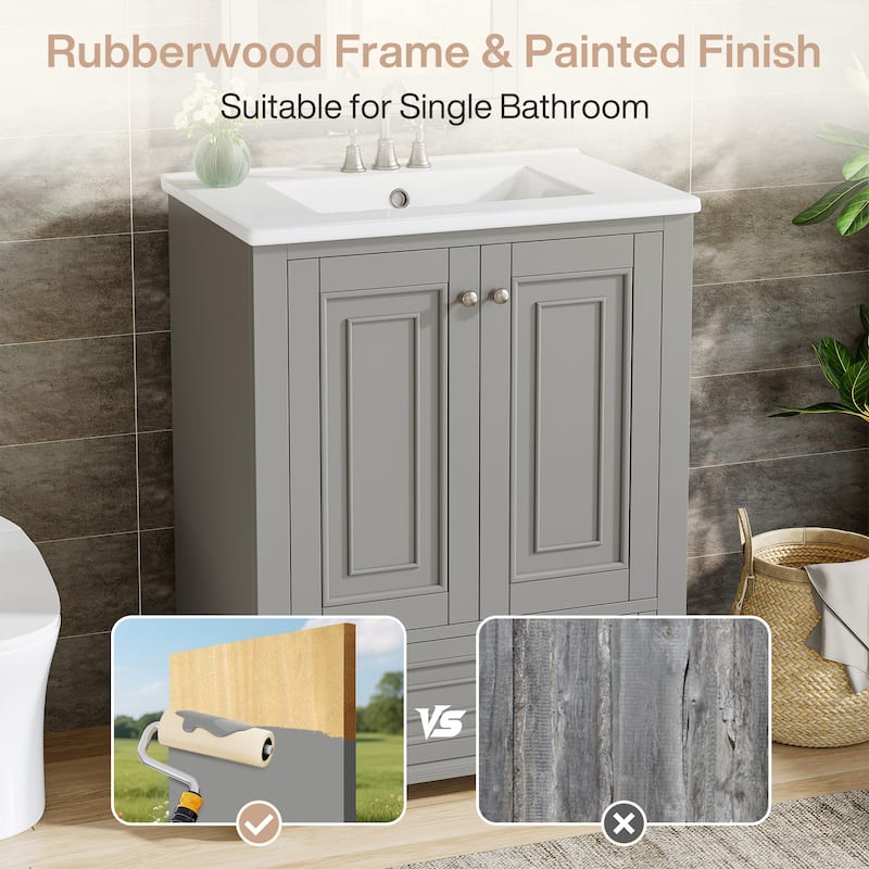 24 Inches Solid Wood Modern Bathroom Vanity with Ceramic Sink, Adjustable Shelf Storage