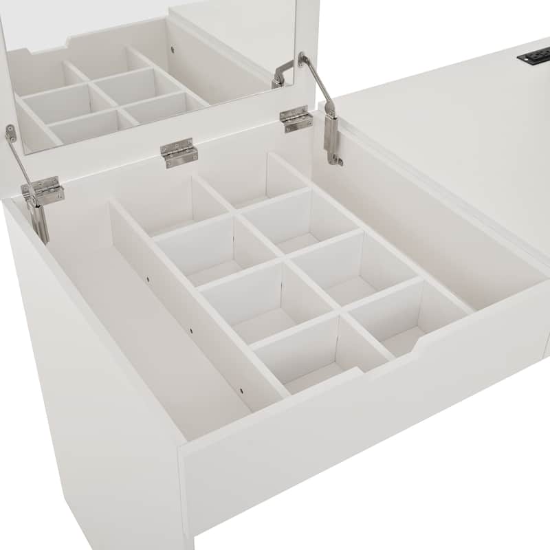 Makeup Vanity Desk with Mirror and Charging Station,with 8 Hidden Storage Compartments,3 Drawers and Open Shelves