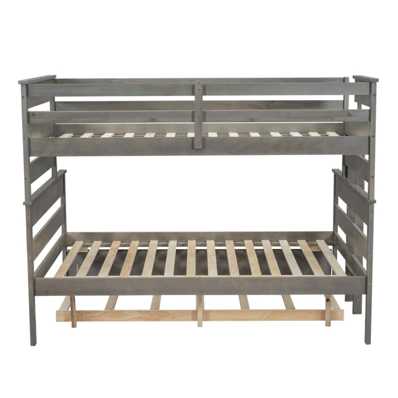 Wood Twin over Full Bunk Bed with Twin Size Trundle and Guard Rails