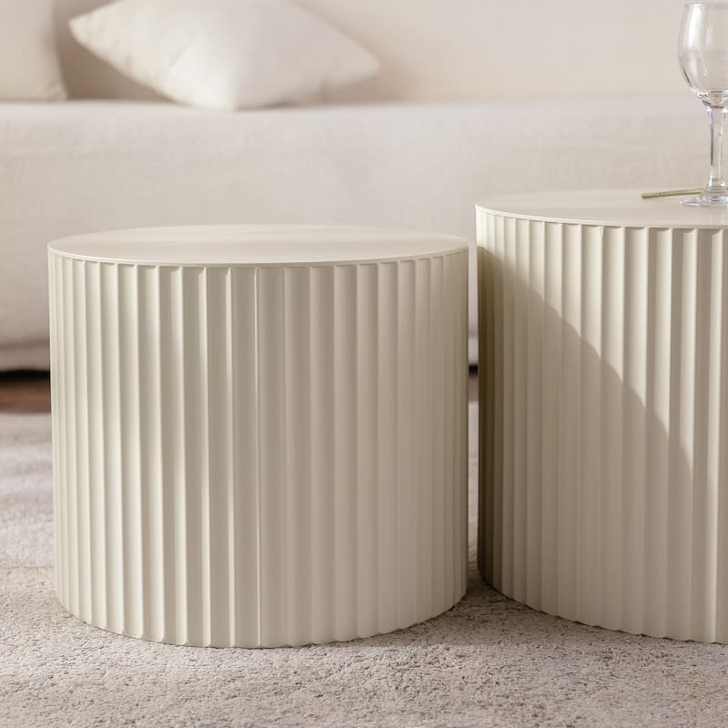 Set of 2 Modern Nesting Round Coffee Tables Drum Shaped Side Tables with Wavy Stripes, for Living Room
