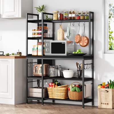 Brown Industrial Wood Bakers Rack with Storage,Black Modern Microwave Oven Stand,5-Tier Kitchen Utility Storage Shelf