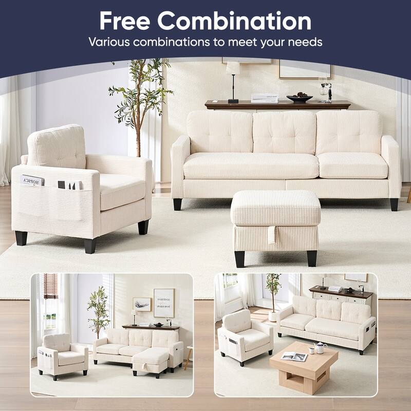 Mixoy 76'' L-Shaped Sofa Set,Corduroy Sectional Sofa,Mid Century 3-Seater Sofa with Storage Ottoman/Loveseat/Single Sofa