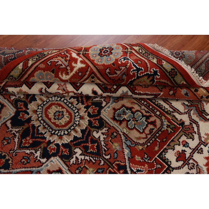 Hand Knotted Oriental 100% Wool Carpet Traditional Medallion Beige & Ivories Heriz (serapi) Area Rug - 10' 3'' X 7' 8''
