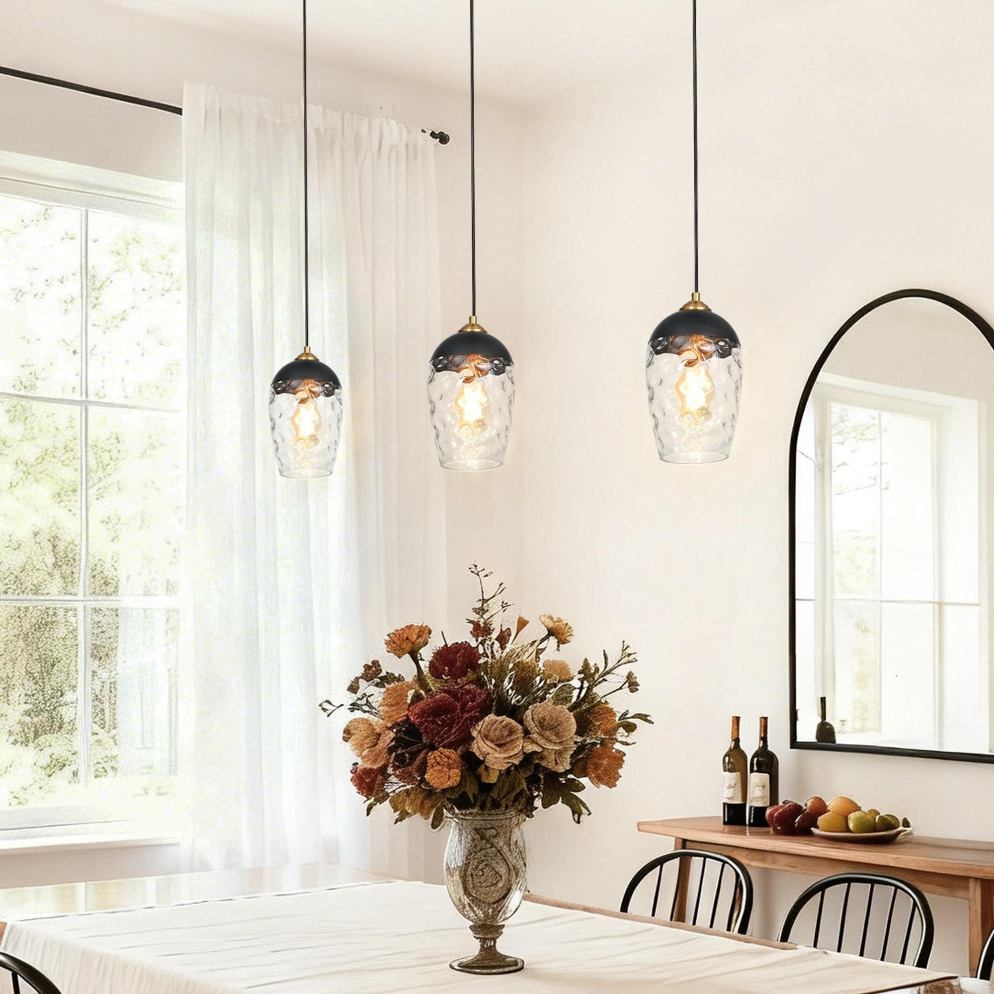 Modern Contemporary 1-Light Black and Gold Hammered Glass Pendant Light Fixtures for Kitchen Island