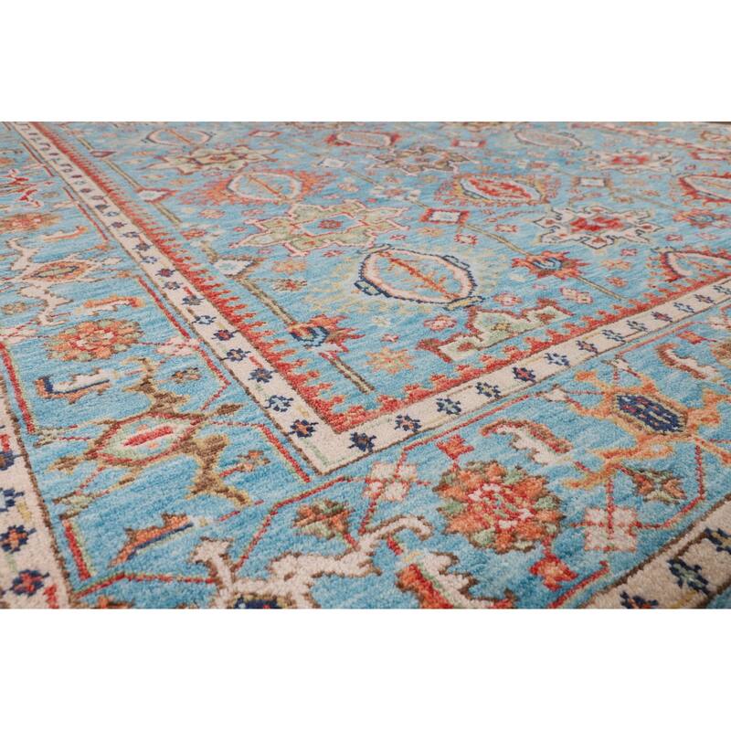All-Over Blue Oushak Oriental Area Rug Handmade Floral Wool Carpet - 9'1"x 11'11"