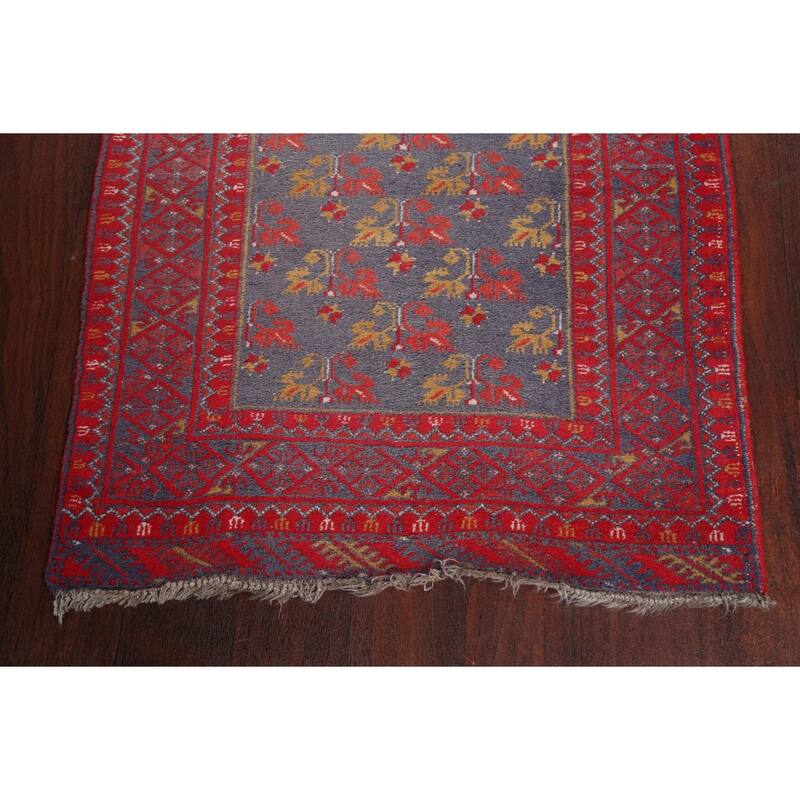 Hand Knotted Oriental 100% Wool Carpet Traditional Floral Navy Blue & Blues Balouch Runner Rug - 9' 5'' X 2' 8''
