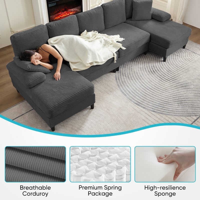 Mixoy W112inch Upholstered 5-Seater Sectional Sofa Couch,Corduroy Large U-Shaped Sofa with Double Chaises and Sleepable Armrests