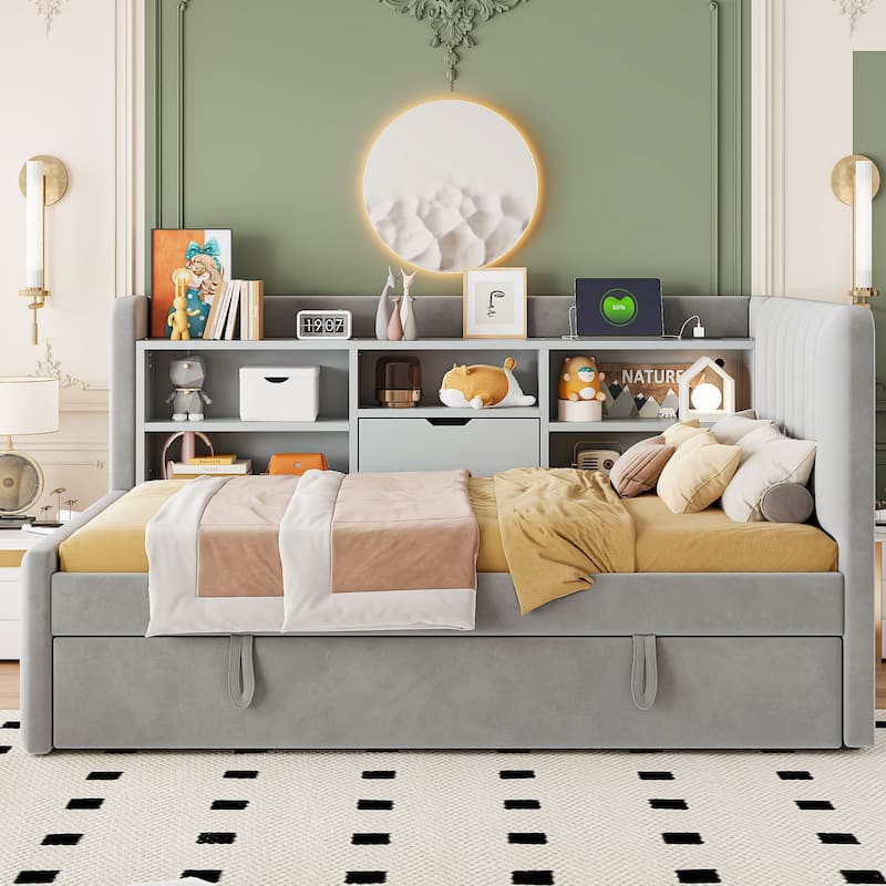 Compact Twin Upholstered Daybed – Built-In Trundle, Storage Shelves & USB Charging Station‌ - Grey