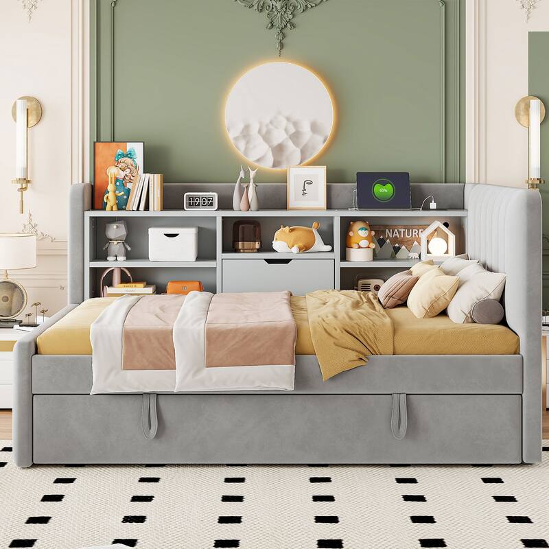 Twin Size Upholstered Daybed with Trundle, Storage Shelves, USB & Outlet (Gray)