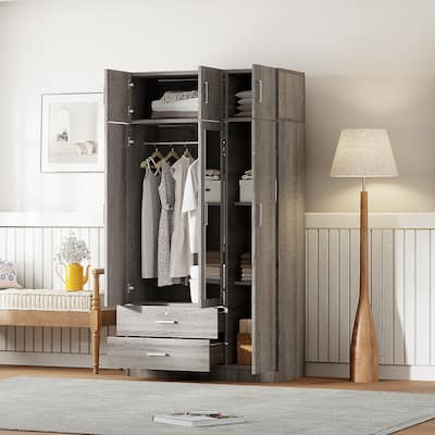 3-Door Mirror Wardrobe Hanging Armoires with 2 Drawers and Top Cabinet