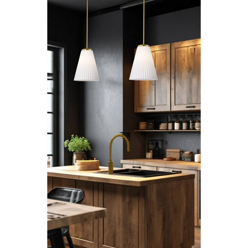 Royale Large Pendant Burnished Brass Finish Ribbed White Glass - Burnished Brass