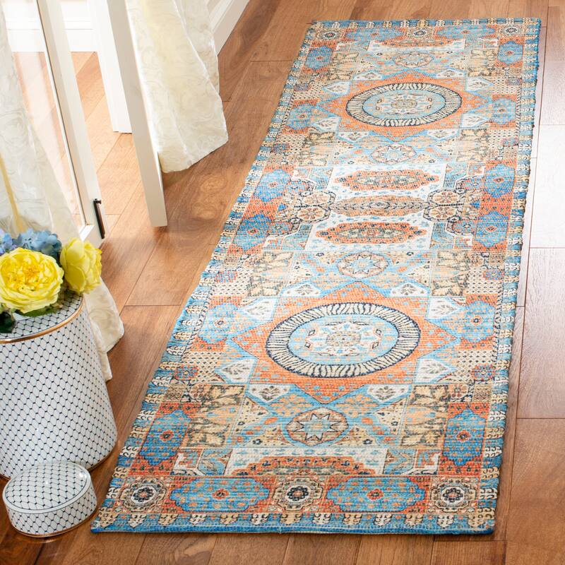 SAFAVIEH Handmade Saffron Kelcie Modern Tribal Cotton Rug - 2'3" x 8' Runner - Orange/Blue