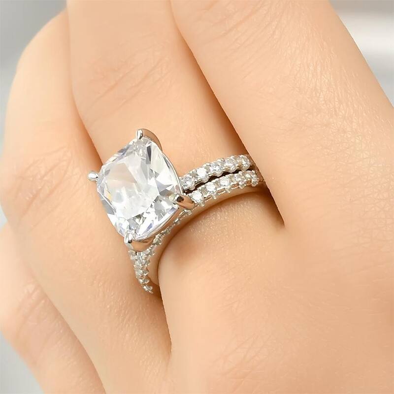 Womens 6.75 Carat 2 pcs Bridal Ring Set Cushion Cut Sterling Silver