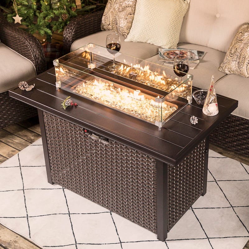 Outdoor 43-inch 50,000 BTU Propane Gas Fire Pit Table, Aluminum Tabletop and PE Rattan Weaved Iron Frame,