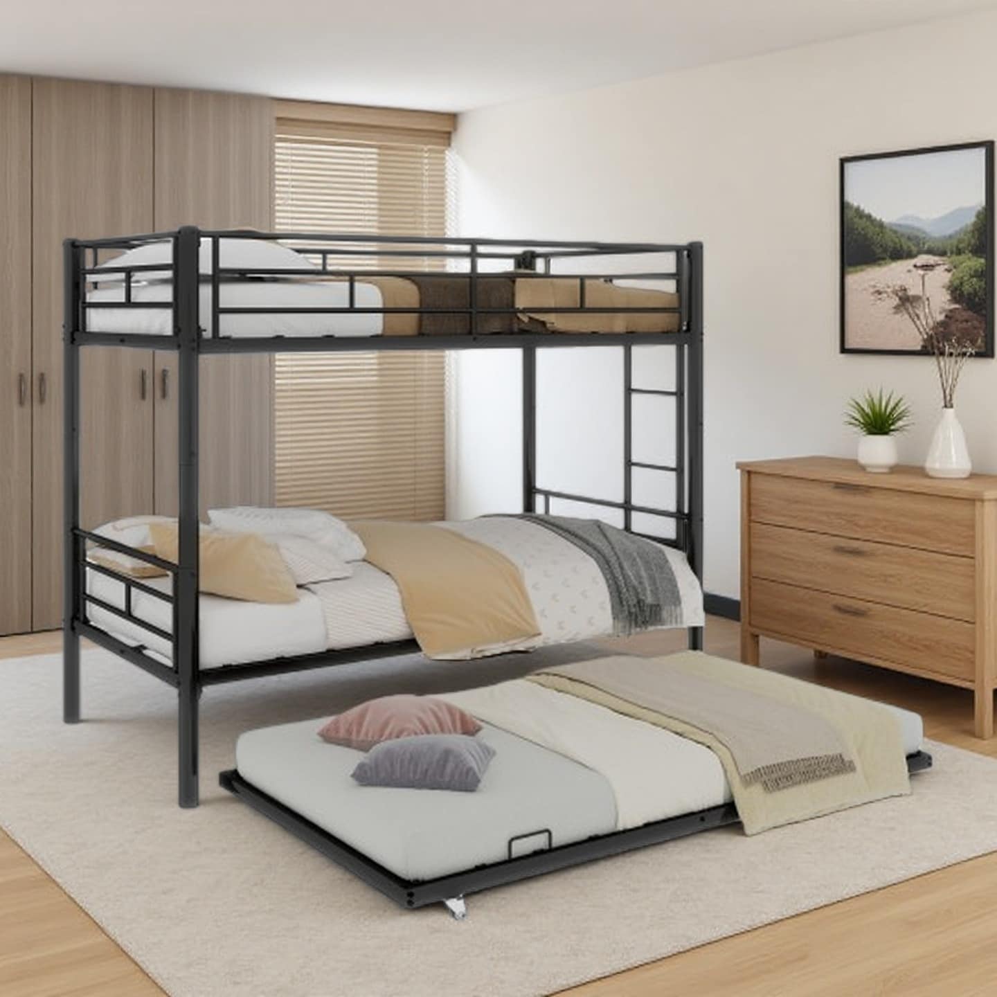 Twin-Over-Twin Metal Bunk Bed with Safety Rails, Noise-Reduced Sturdy Steel Frame, Convertible to Two Beds