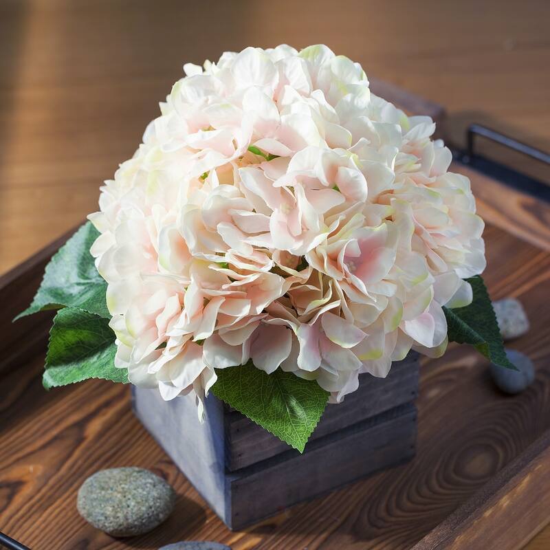Enova Home Artificial Silk Hydrangea Fake Flowers Arrangement in Wood Planter for Home Office Wedding Decoration