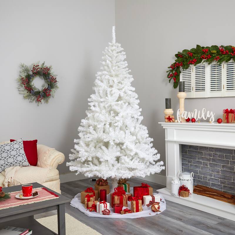 7.5' Pre-Lit Snow White Artificial Christmas Tree, Warm Clear LED Lights - 7.5 Foot