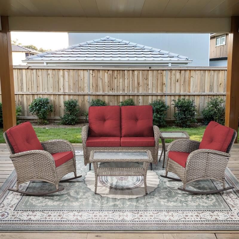 Gymojoy Outdoor Wicker Patio Furniture Loveseat Glider & Chair Set Weather-Resistant - Grey Wicker / Red Cusion - 5-Piece - Loveseat Glider & Rocking Chairs