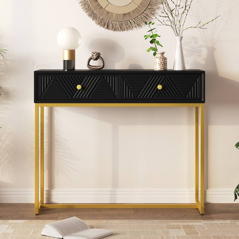 38" Modern Console Table with Two Drawers and Gold Metal Base for Entryway, Living Room