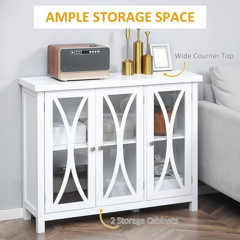 Buffet Cabinet with 3 Tempered Glass Doors, Arc Pattern and Adjustable Storage She