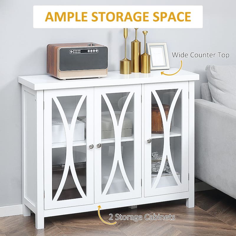 White Sideboard Buffet Cabinet with Glass Doors and Adjustable Shelves for Dining Room Storage - 40.25" L x 11.5" W x 33" H
