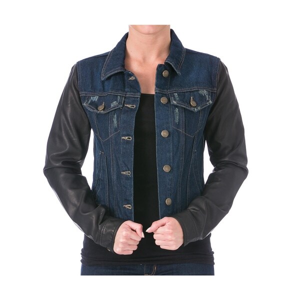 Laundry by Shelli Segal Womens Denim Jacket Faux Leather Sleeves