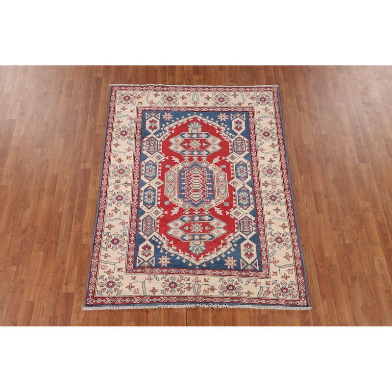 Kazak Oriental Area Rug Hand-Knotted Traditional Blue Wool Carpet - 4'11" x 6'7"