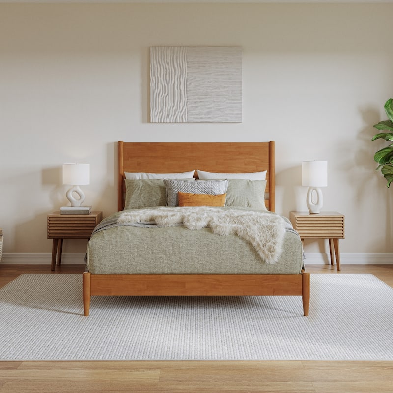 Solid Wood Low Profile Platform Bed - Modern Bedroom Bed Frame - Light Toffee Finish