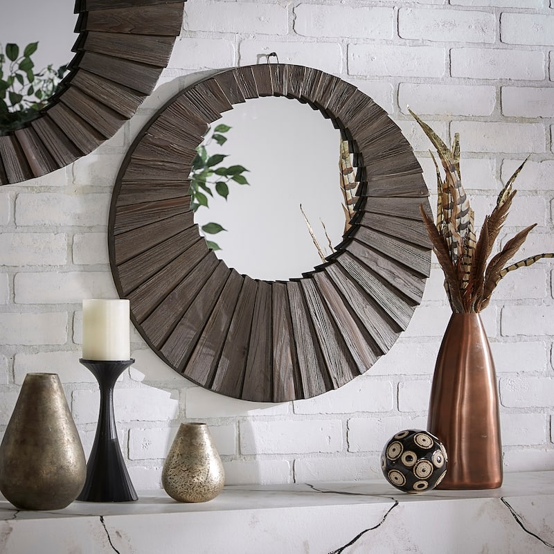 Xavier Dark Brown Reclaimed Wood Round Seashell Wall Mirror by iNSPIRE Q Modern