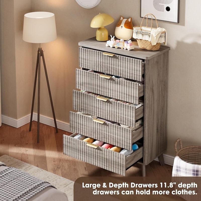 Modern Fluted 5 Drawers Dresser for Living Room, Bedroom