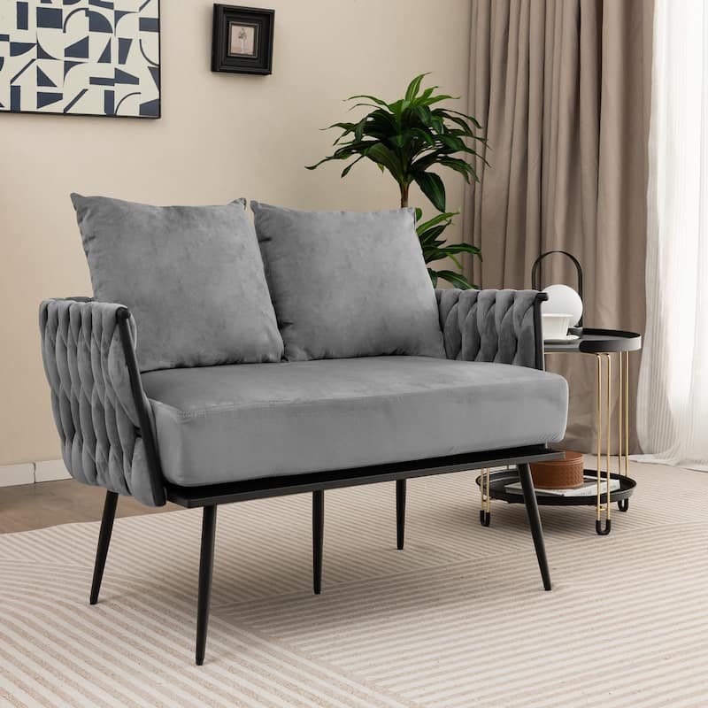 Dutch Velvet Woven Loveseat Sofa with Metal Legs and 2 Cushioned Pillows - 43” x 24” x 25.5”