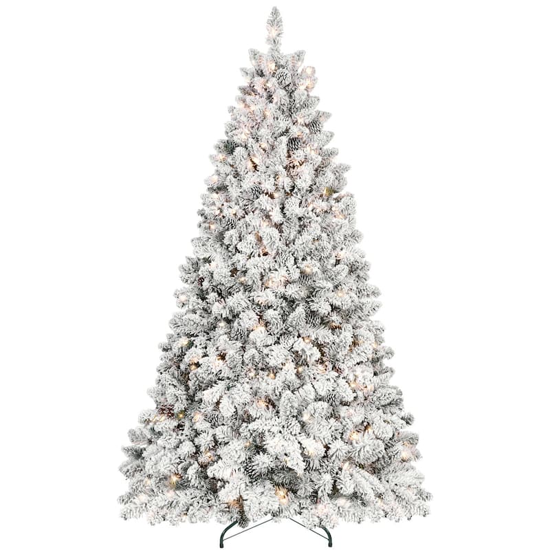 HomeRoots 9' Green And White Pre Lit Full Flocked Christmas Tree With Decorations - 65.00 in. x 108.00 in. x 65.00 in.