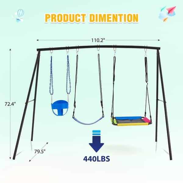 dimension image slide 1 of 2, EROMMY Heavy-Duty A-Frame Metal Swing Set for Kids - 440lbs Capacity, Includes Saucer Swing & Belt Swing