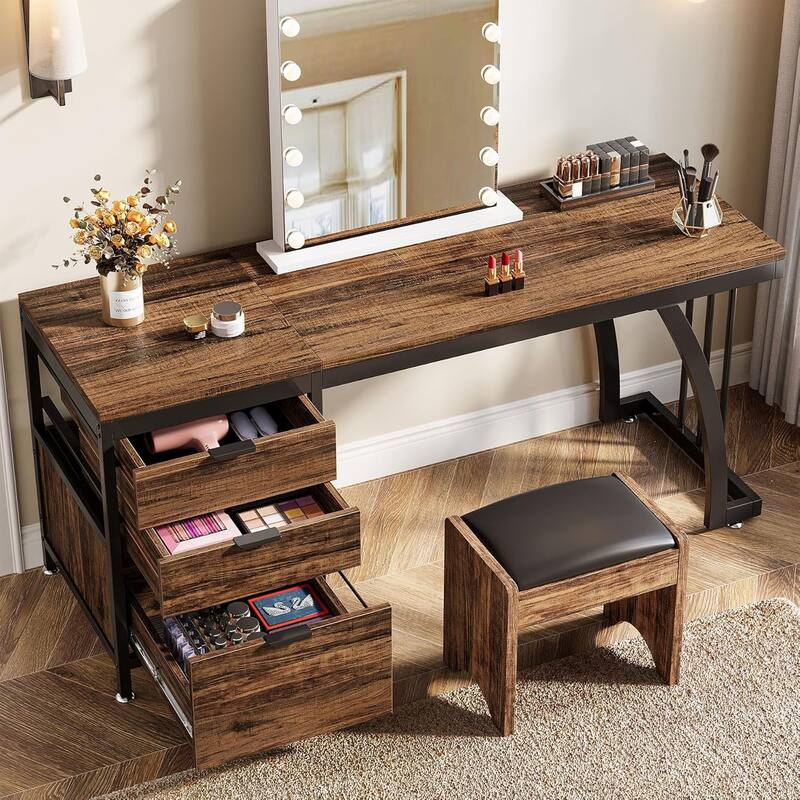 Vanity Desk 59" Dressing Table, Chic Makeup Desk with 3 Reversible Drawers for Bedroom, Home Room - Brown+Black