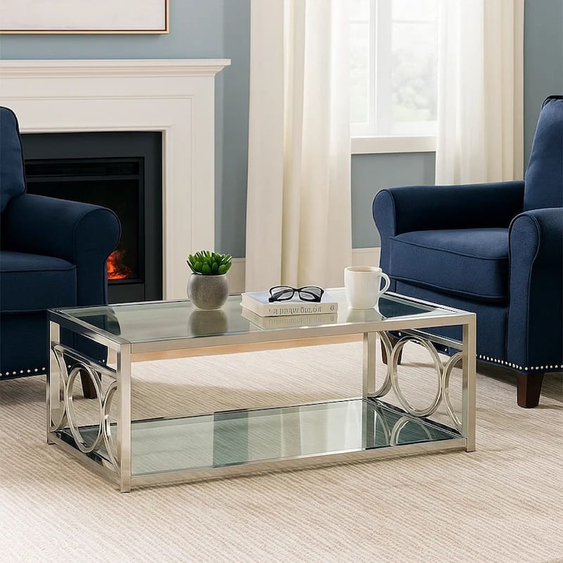 Paire 47 Inch Coffee Table, Glass Top, Mirrored Bottom Shelf, Metal Accents