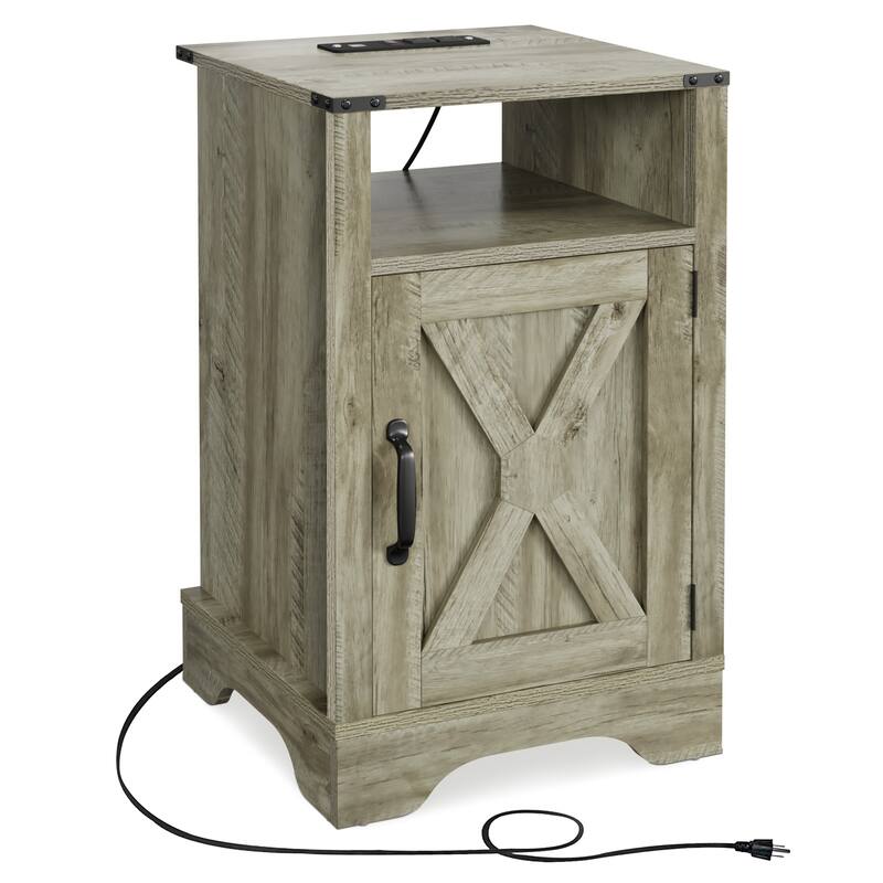Farmhouse Nightstand Side Table, Wooden Rustic End Table, Tall Bedside Table with Electrical Outlets Charging Station
