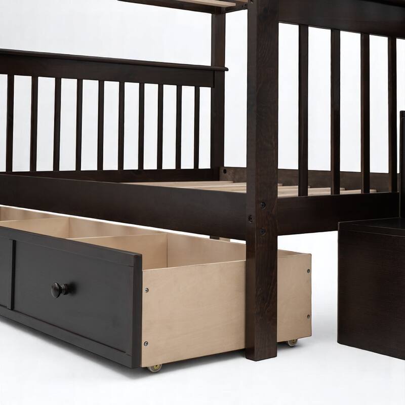 Full Over Full Bunk Bed with Storage Staircase and Shelves, Convertible Design, No Box Spring Needed,kid beds
