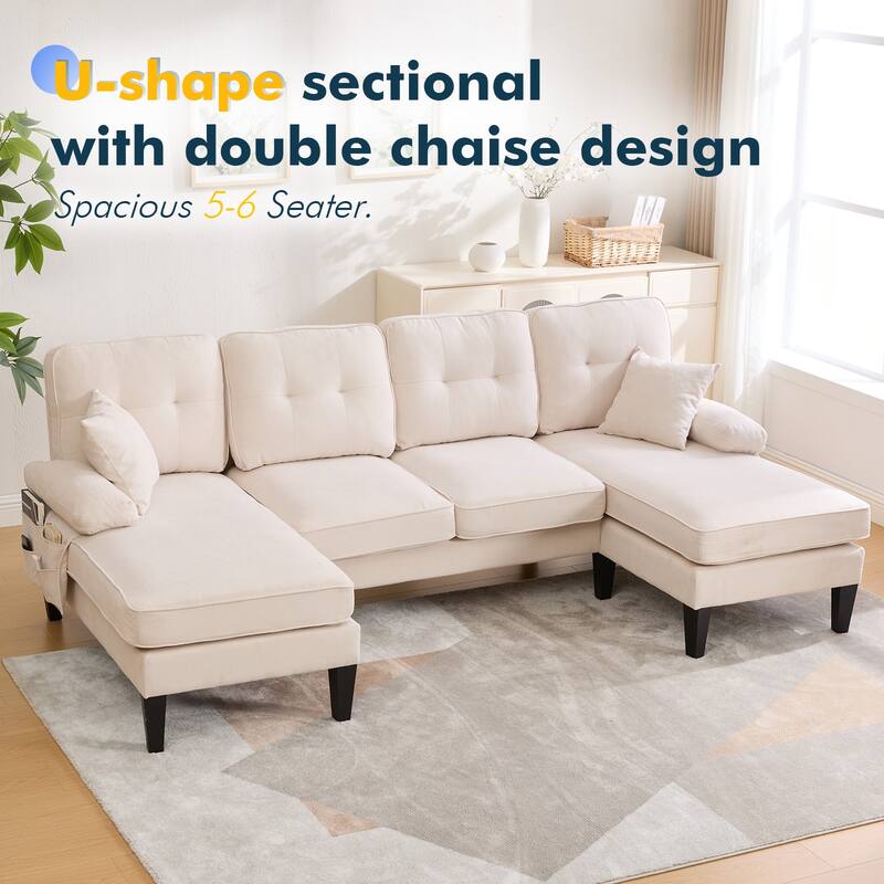 HOMEFUN Linen Upholstered U-Shaped 4-seater Tufted Wood Frame Sectional Sofa with Side Pocket