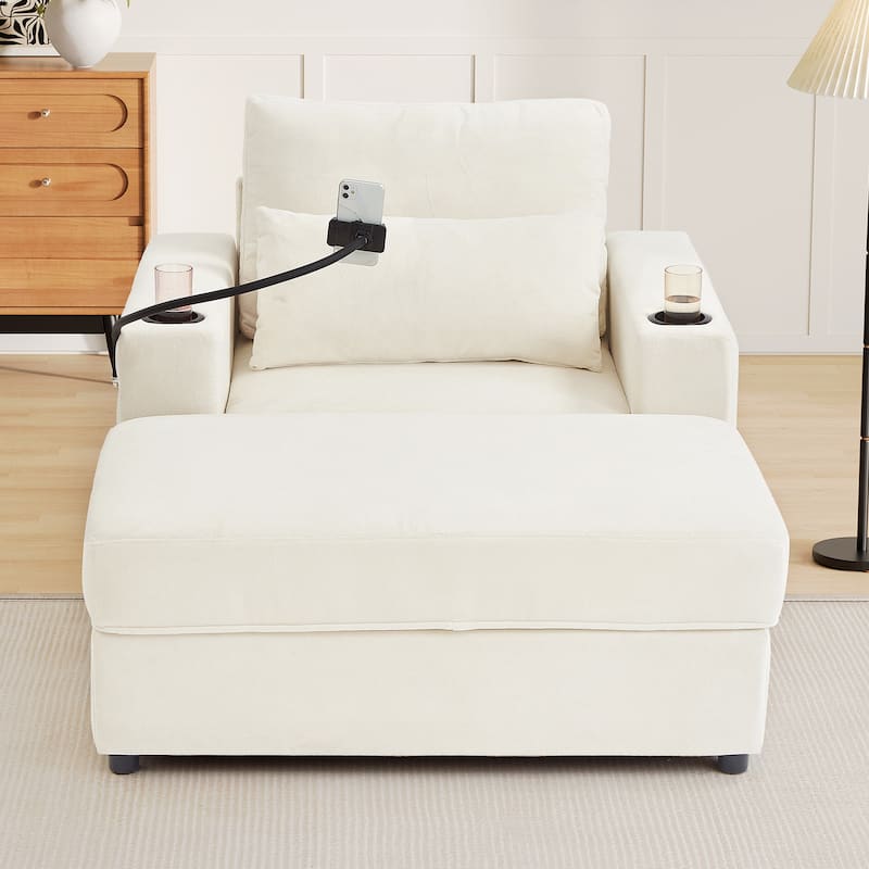 Modern Style Armchair with a Movable Storage Ottoman, Two USB Ports, Two Cup Holders, a Phone Holder and Side Pockets