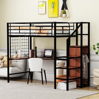 Twin Size Metal Loft Bed with Desk & Metal Grid, Stylish Metal Frame Bed with Lateral Storage Ladder & Wardrobe, Black