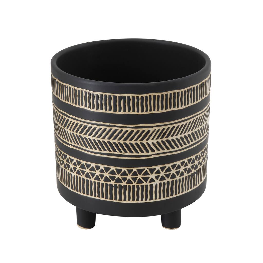 Black Cylindrical Stoneware Flower Pot w/ Geometric Goldtone Overlay