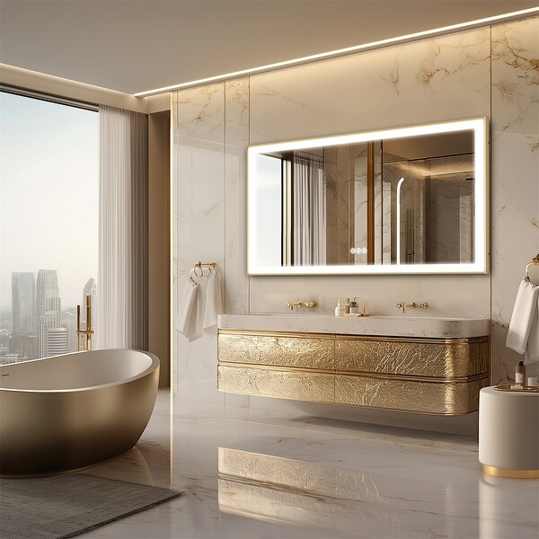 Smart LED Light Bathroom Mirror with Golden Narrow Frame - On Sale