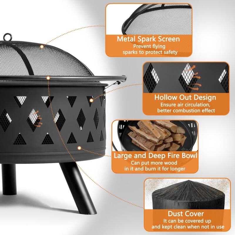 32-inch Outdoor Fire Pit with Beautiful Star and Moon Cutouts - 32"D x 32"W x 23.62"H