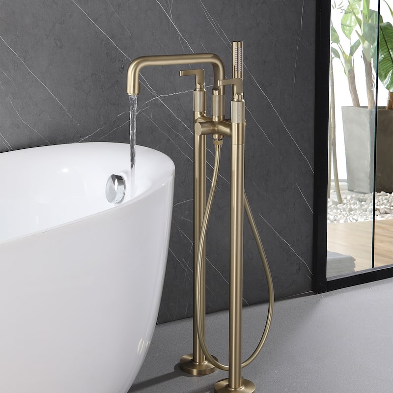 33" H Solid Brass Floor Mounted Freestanding Tub Faucet with Hand Shower and Diverter