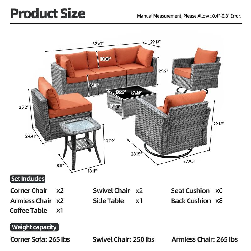 XIZZI 8-Piece Outdoor Patio Wicker Furniture Set with Swivel Chair