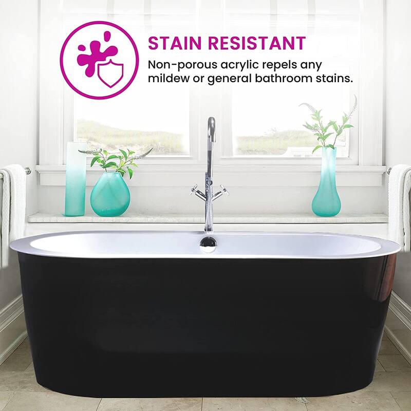 Vanity Art 67.7" Freestanding Black Acrylic Bathtub Stand Alone Soaking Tub with Polished Chrome Round Overflow & Pop-up Drain