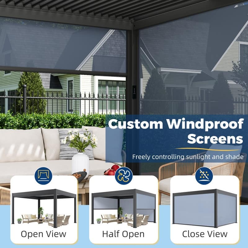 EROMMY Outdoor Louvered Pergola Gazebo with Adjustable Aluminum Rainproof Roof and Pull-Down Screen